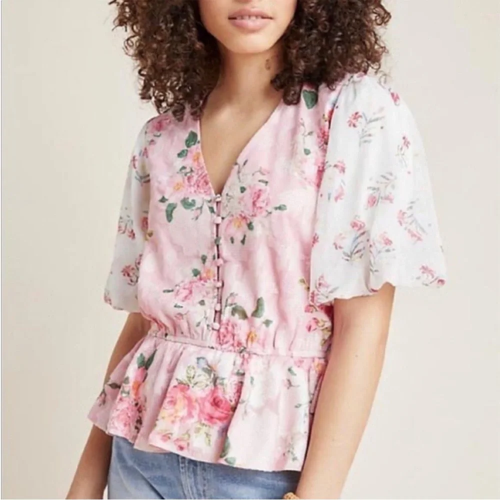 Anthropologie Hemant Nandita Pink Floral Top S Puff Sleeve Rose Boho Coquette